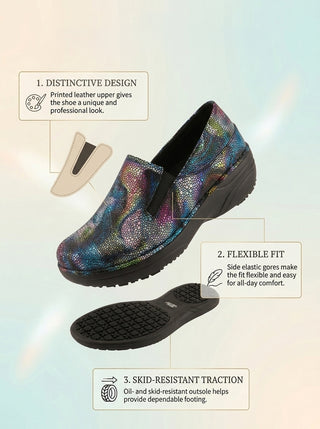 Spring Step Professional Manila Boreal Women's Printed Slip-On Work Shoes in Blue colorway