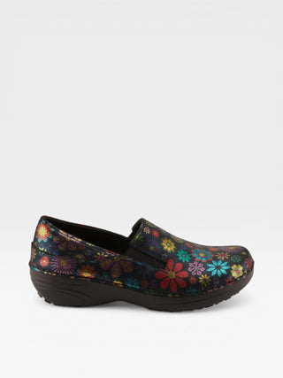 Spring Step Professional Manila-Flpwr Women's Floral Slip-On Work Shoes in Black colorway