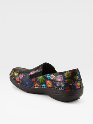 Spring Step Professional Manila-Flpwr Women's Floral Slip-On Work Shoes in Black colorway