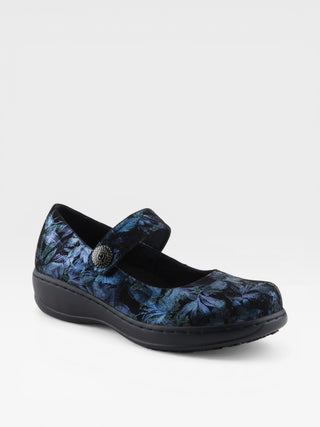 Spring Step Professional Wisteria-Flwr Women's Floral Wedge Mary Jane Work Shoes in Blue Metallic colorway