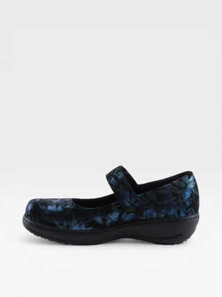 Spring Step Professional Wisteria-Flwr Women's Floral Wedge Mary Jane Work Shoes in Blue Metallic colorway