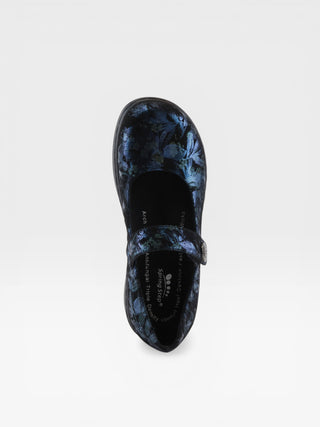Spring Step Professional Wisteria-Flwr Women's Floral Wedge Mary Jane Work Shoes in Blue Metallic colorway