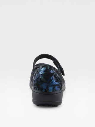 Spring Step Professional Wisteria-Flwr Women's Floral Wedge Mary Jane Work Shoes in Blue Metallic colorway