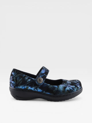 Spring Step Professional Wisteria-Flwr Women's Floral Wedge Mary Jane Work Shoes in Blue Metallic colorway